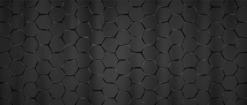 Dark three dimensional hexagonal tile pattern matte black surface.