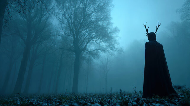 Silhouette of frightening creature with deer's antlers