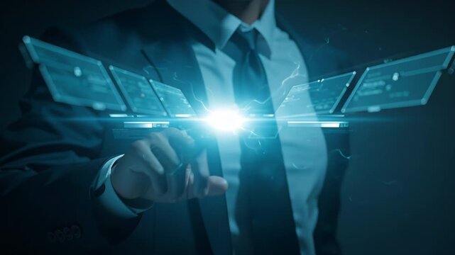 A man is pointing at a screen with a bright light on it. Concept of excitement and anticipation, as if the man is about to make a significant decision or take an important action