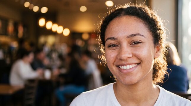 Candid portrait of a cheerful young mixed-race woman with natural curly hair, smiling genuinely. Sharp focus on micro skin pores and freckles with golden hour rim lighting in a cozy, blurred cafe back