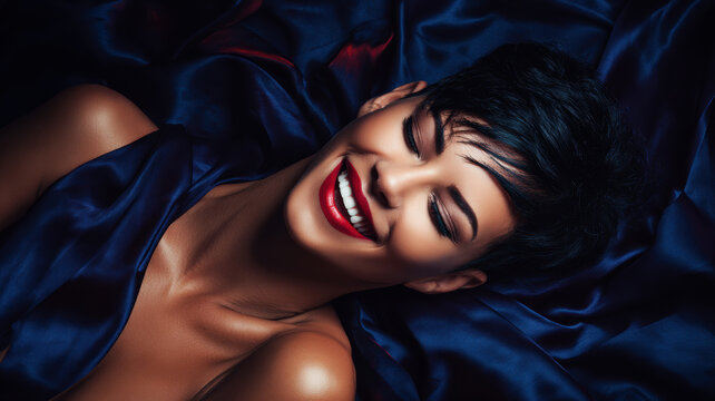 Portrait of young Caucasian woman crying of pleasure on her deep blue silk bed