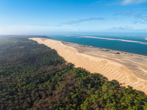 Aerial view of the majestic golden sand dune contrasting with the deep green forest and calm blue waters under a bright sky, La Teste de Buch, Nouvelle-Aquitaine, France.