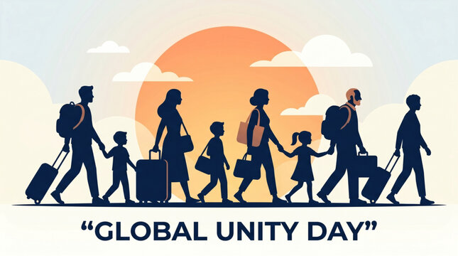 Global unity day concept with family silhouettes walking together at sunset carrying luggage symbolizing migration journey togetherness hope and community support banner