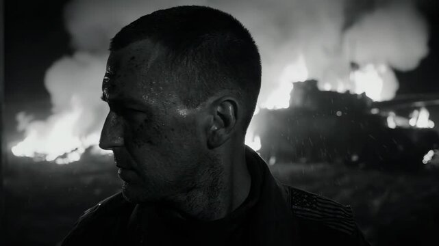 Close-up of a gritty soldier in front of a burning tank. Black and white footage of a battle aftermath at night. World War II and First World War combat theme