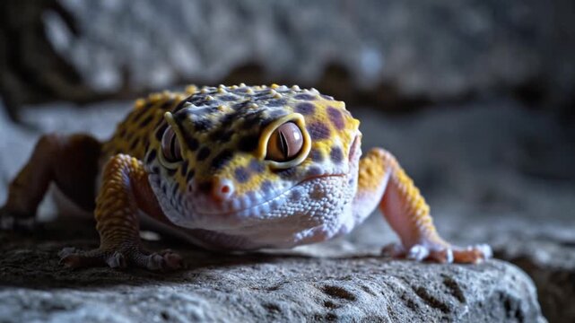 Close-up of a Leopard Gecko Moving on a Rock
