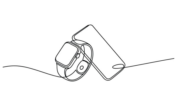 Modern smart watch and mobile phone minimalist single line drawing.