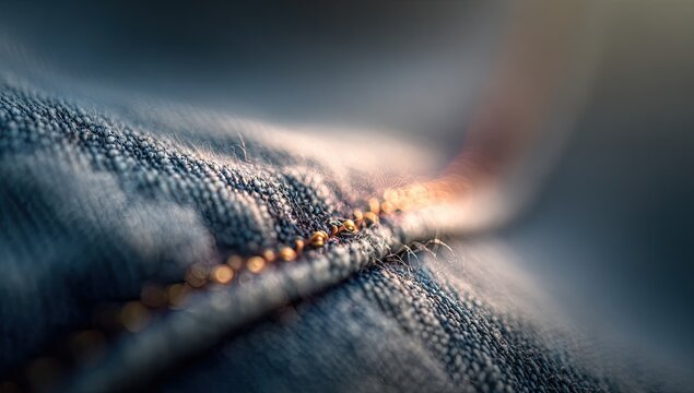 A close-up shot reveals the intricate texture and stitching of a denim fabric.