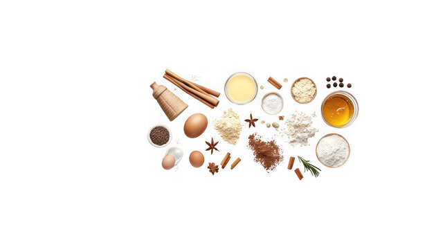 Baking ingredients and spices arranged for cooking, isolated on transparent background
