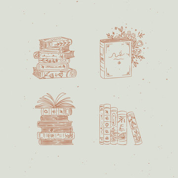 Book stack with flowers set drawing in graphic floral style with brown on light background