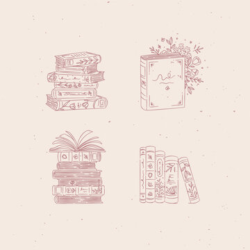 Book stack with flowers set drawing in graphic floral style with beige on light background