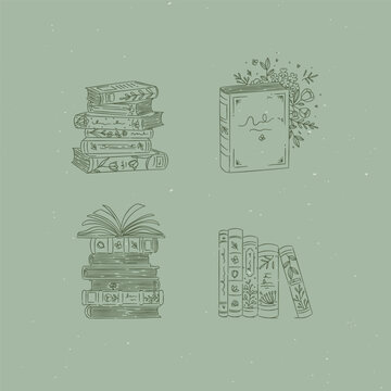 Book stack with flowers set drawing in graphic floral style on green background