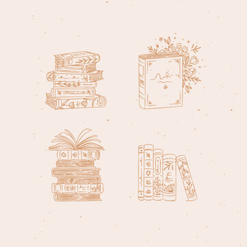 Book stack with flowers set drawing in graphic floral style with beige on light background