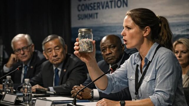 Environmental advocate shows pollution in jar to diverse panel at conservation summit