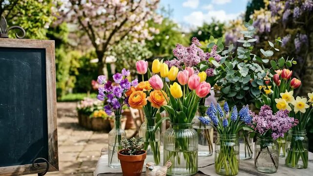 Outdoor spring scene with blank chalkboard sign and colorful flowers in glass vases, charming seasonal display with fresh garden-cafe atmosphere, sunny light, realistic detail, no logos