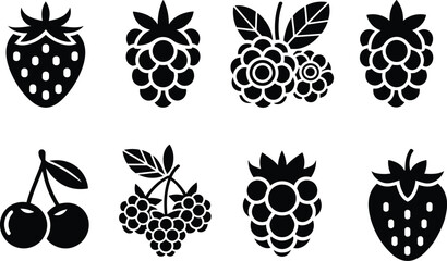 Black Icons of Various Berries and Fruits on White Background berry strawberry © ripon29