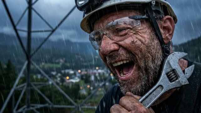 Man laughing heartily on utility pole in heavy rain. Joyful worker with wrench during stormy weather. Electrician overlooking mountainous village in rugged terrain.