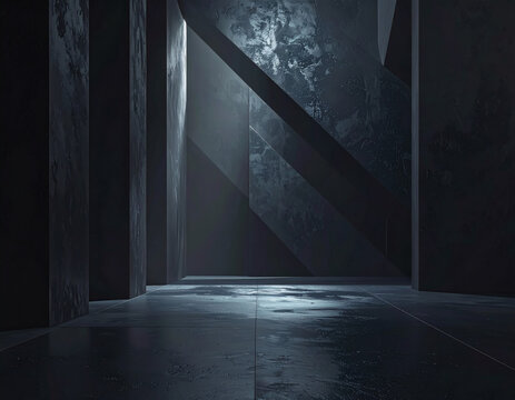 Mysterious architectural scene with striking geometric shapes and atmospheric lighting. The composition features stark lines, creating a sense of depth and enigma