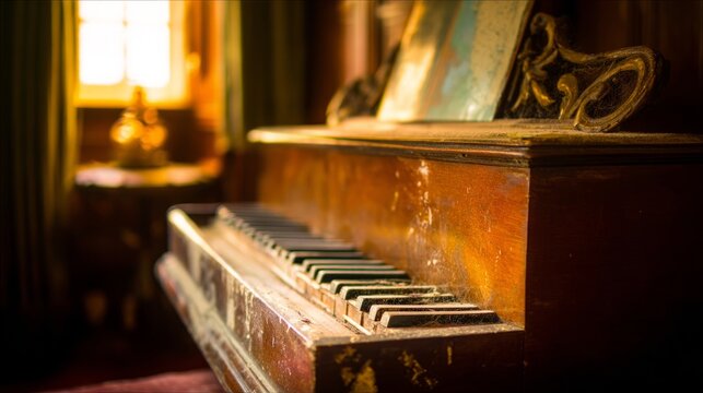 harpsichord. Quiet room in an old castle at dusk, a dusty harpsichord in warm fading light. travel magazines, destination branding, designed for travel destination branding, used by brand managers.
