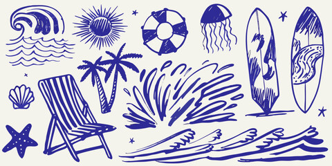 hand drawn beach elements collection in blue ink on cream background high quality professional detailed © Asit