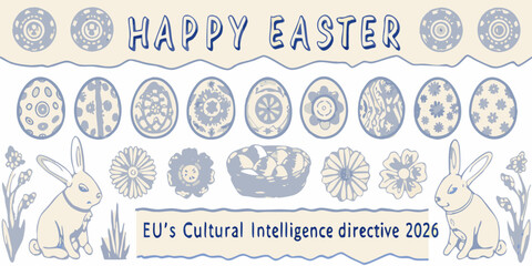 happy easter greeting card with bunnies eggs flowers and text high quality professional detailed modern © Asit