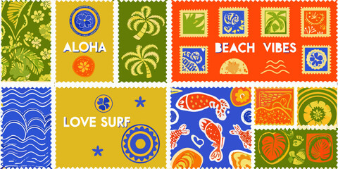 tropical themed stamps with vibrant colors and beach motifs high quality professional detailed modern elegant © Asit