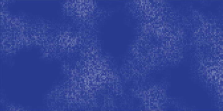 Abstract blue digital background with white matrix halftone dots and binary code texture.