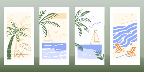 Obraz premium four minimalist summer themed cards with palm trees beach chairs and sailboats high quality professional