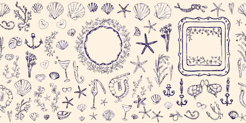 marine fantasy pattern with shells starfish and anchors on beige background high quality professional detailed © Asit
