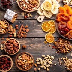 Fototapeta premium Assorted dried fruits and nuts on wooden table.