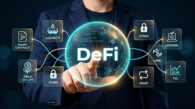 A man in a business suit interacts with a futuristic DeFi interface on a transparent globe surrounded by financial icons and terms related to decentralized finance.