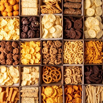 Assorted snacks in divided compartments.