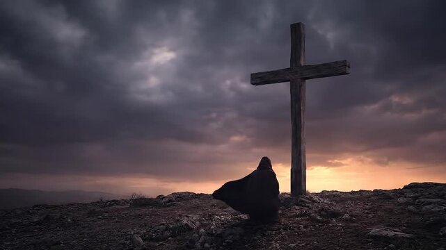 The solemn crucifixion of Jesus Christ on Golgotha, a lone grieving religious figure kneeling at the sacred wooden cross, ominous dark clouds gathering above the desolate terrain, 