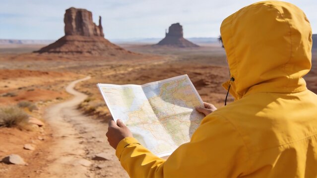 Person in yellow jacket reading map in desert