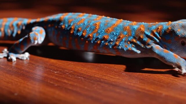 Colorful Geckos Crawling on a Wooden Surface