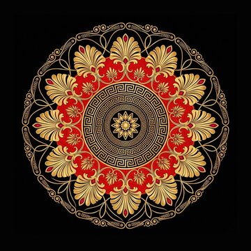 Intricate gold and red mandala design, ornate circular pattern, decorative floral motif, luxury texture
