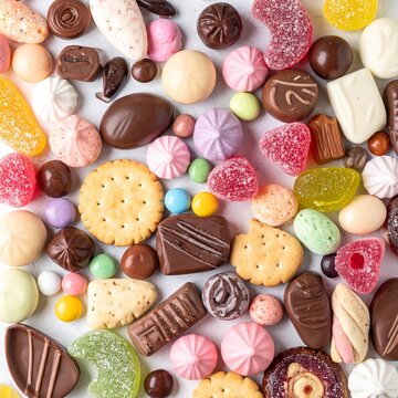Assortment of sweet and savory snacks, including cookies, candies, and pastries