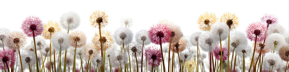 Fototapeta premium White dandelions, green grass. Horizontal, popular, natural, beautiful background for showcasing products, goods, text. Nature, flora, environmental friendliness.