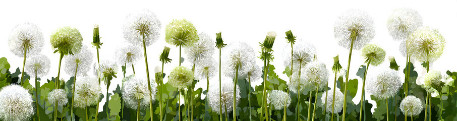 Obraz premium White dandelions, green grass. Horizontal, popular, natural, beautiful background for showcasing products, goods, text. Nature, flora, environmental friendliness.