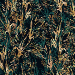 Gold Tulips, Decorative seamless pattern. Repeating background. Tileable wallpaper print. © MalyskaStudio