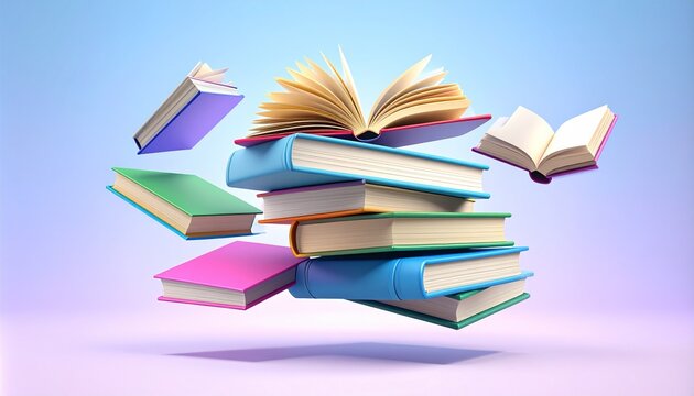 floating open books with flying pages in soft purple gradient background