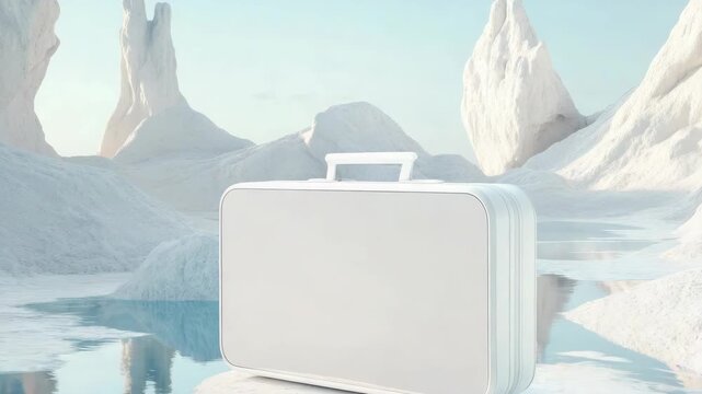 Minimalist white suitcase in a surreal icy landscape. Smart travel and AI-driven mobility concept. Futuristic luggage on a reflective arctic surface