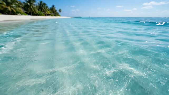 Blue rippled sea water in close-up, crystal-clear lagoon surface, azure tones, shimmering light and a refreshing tropical atmosphere, ultra-realistic, no logos.