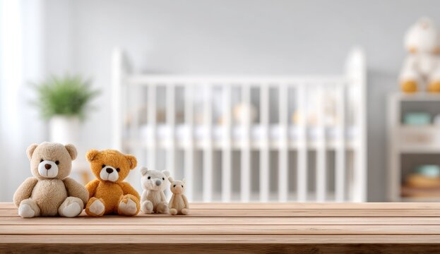 A collection of teddy bears sits on a wooden surface in front of a blurred nursery scene.