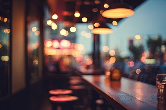 A blurred view from inside a bar showcases a warm, inviting atmosphere with bokeh lights and a partially visible counter.
