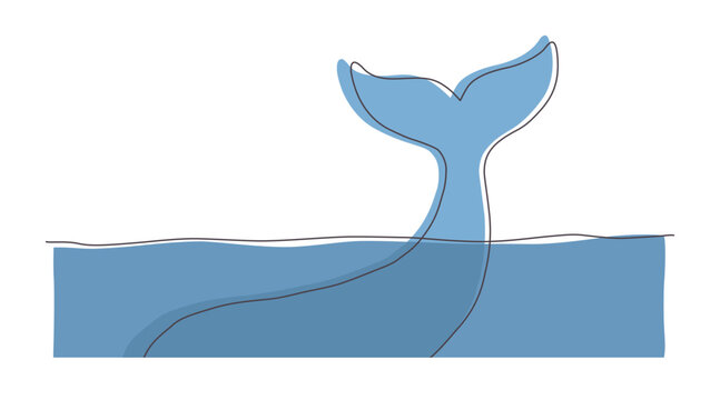 Whale tail out of water and underwater drawing clipart cartoon blue vector cute flat outline doodle with pastel line art on transparent background