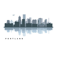 Obraz premium Portland skyline with reflection in modern flat vector style, featuring layered buildings in dark and light gray tones. The composition includes recognizable urban elements such as bridges, varied sky