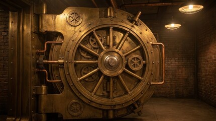 Obraz premium Vintage Bank Vault Door Interior Industrial Strongroom with Heavy Wheel Mechanism.