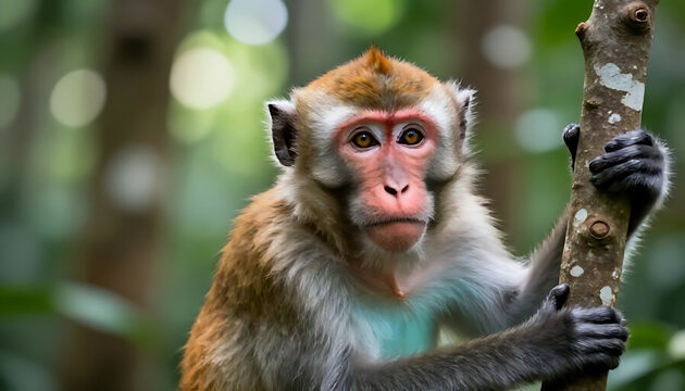 Intimate portrait of a macaque monkey gazing directly at the viewer