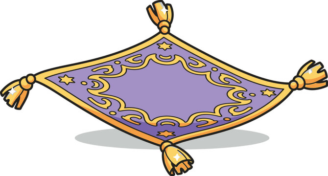 Magic carpet illustration featuring a purple oriental rug with golden tassels and celestial star patterns floating in the air for fantasy or fairytale projects isolated on white background as a vector