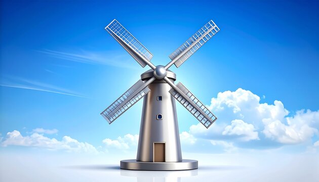 3d metallic windmill icon with rotating blades against blue sky and clouds